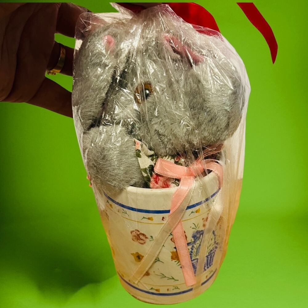 Vintage Elephant Plush in a Coffee Tea Mug Floral Basket Countryside Farm